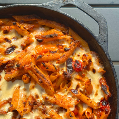 Pasta baked cooked at 500°C in a Gozney pizza oven