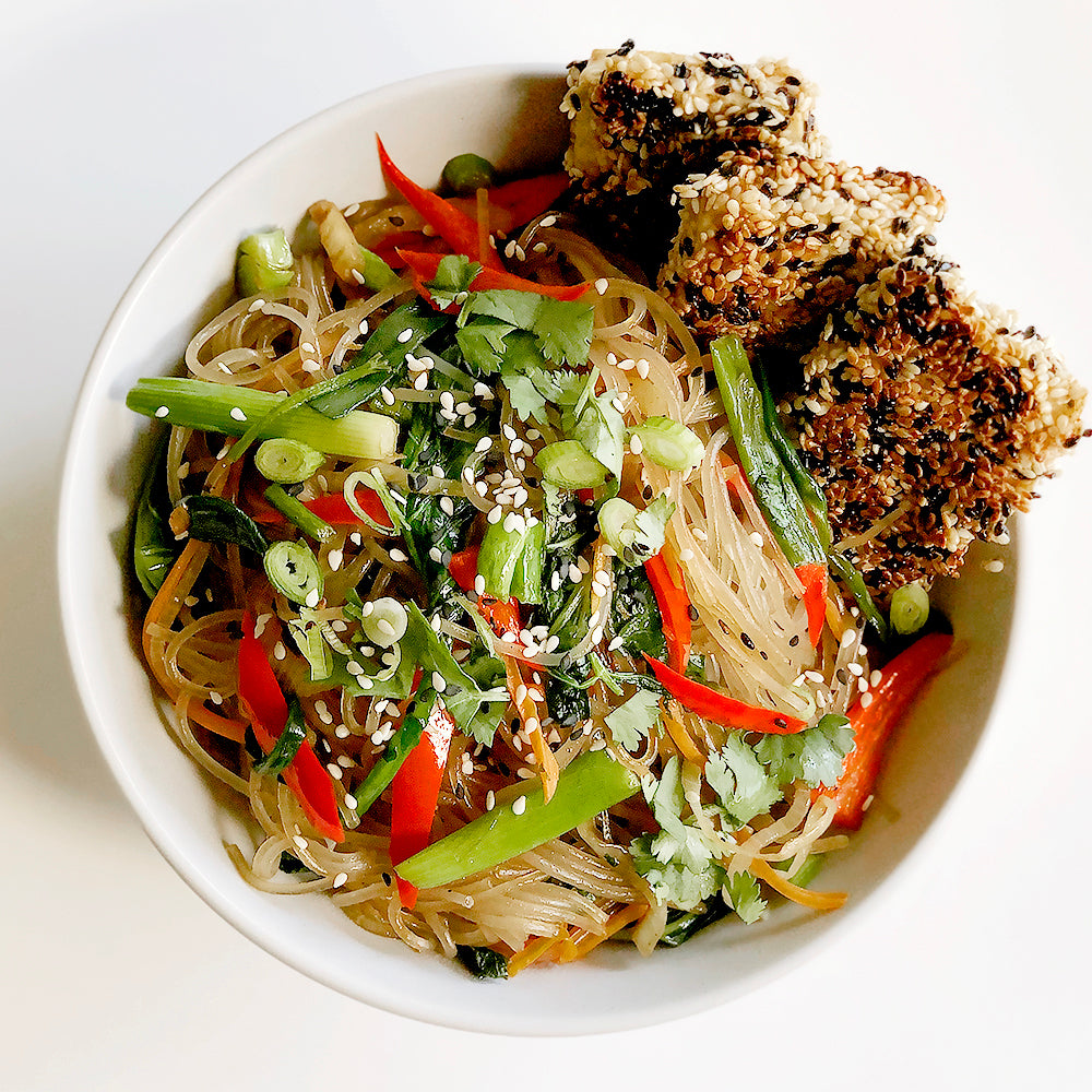 Sesame Seared Tofu Noodles with Dibble Mayo