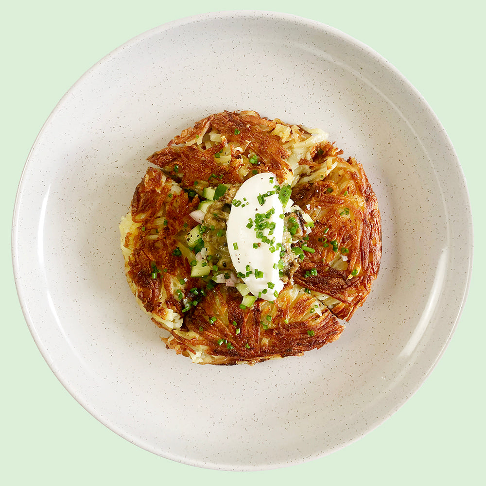Hash Browns with Pickled Cucumbers and Dibble Sour Cream