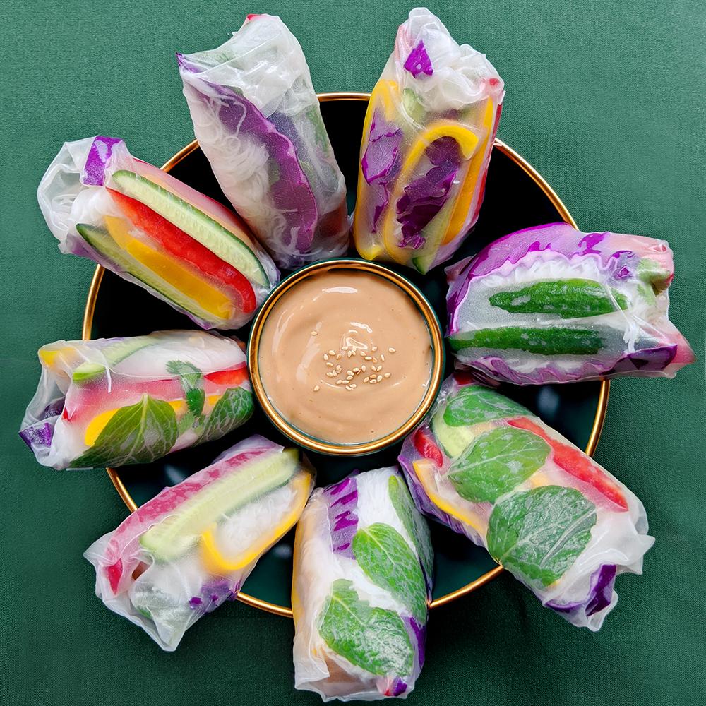 Rainbow Tofu Rice Paper Rolls with Dibble Hoisin Mayo