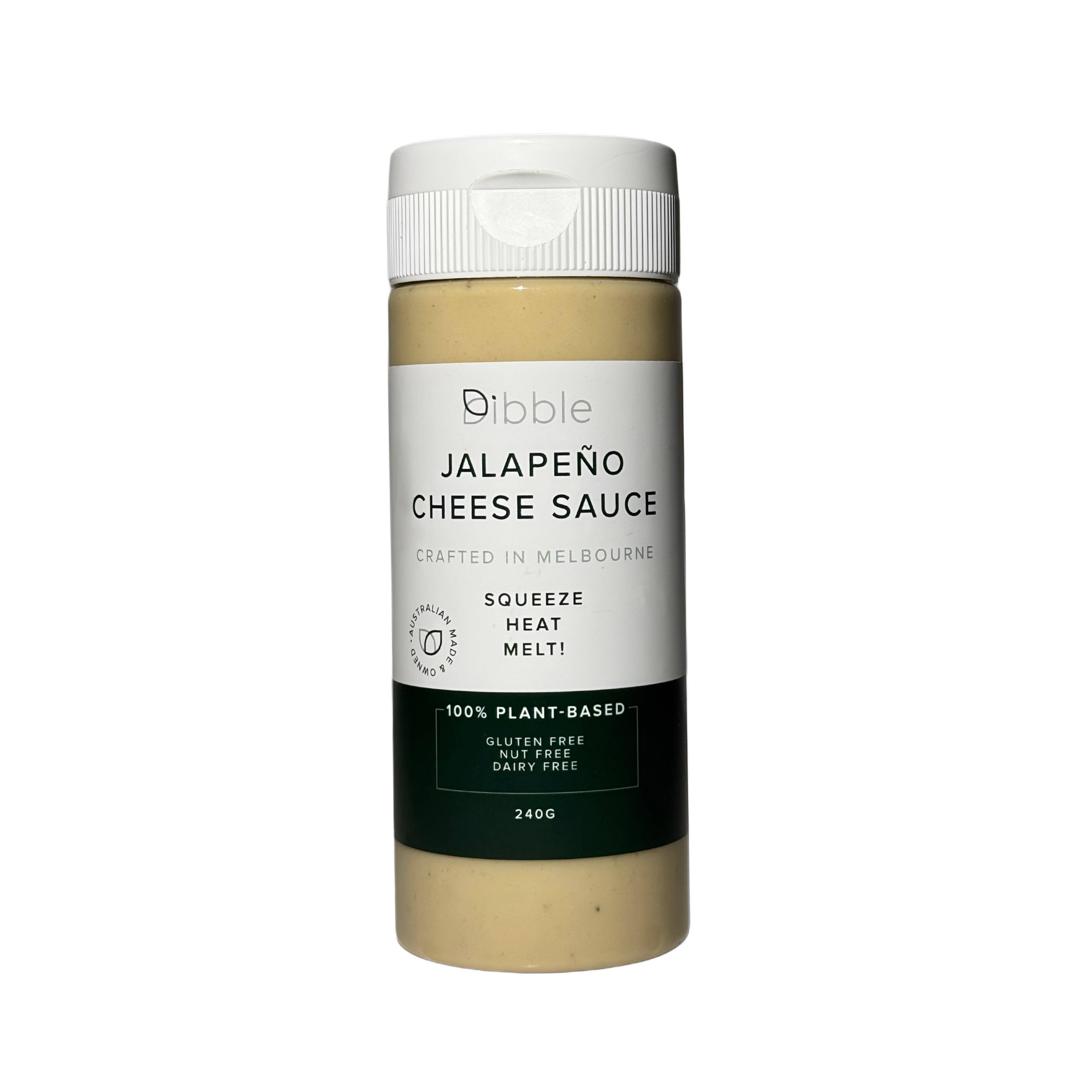The spicy Dibble Jalapeño Cheese Sauce with a vibrant green label